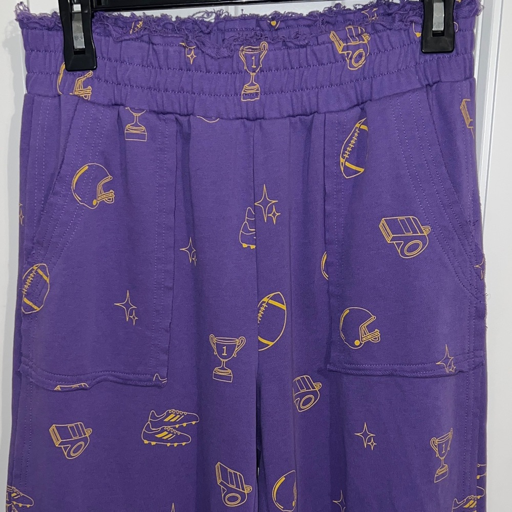 🏈Umgee Purple and Gold Wide Leg Terry Waistband Pants/Cropped Football Game Day - Picture 8 of 11